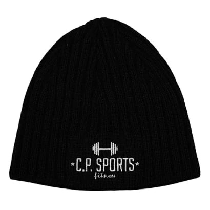 Musta villasekoitteinen C.P. Sports Beanie White -joustinneulepipo, jossa on valkoinen brodeerattu logo., kuva 2/2