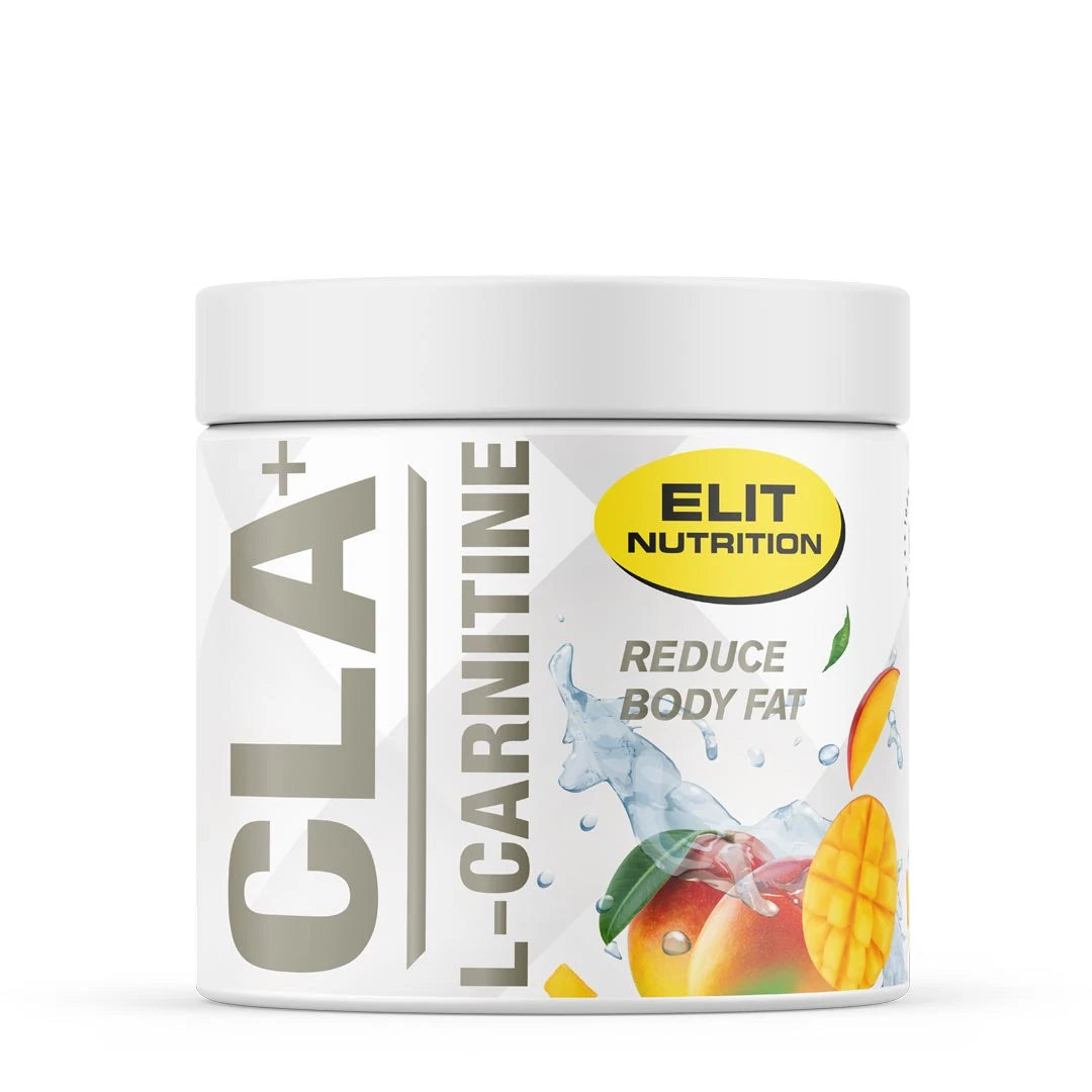 Elit Nutrition CLA + L-Carnitine 180 g kosttillskott i pulverform förpackad i en vit burk med mangobitar som illustrerar smaken Mango., bild 1 av 1