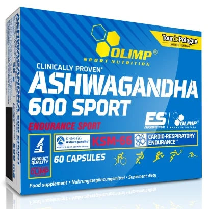 Olimp Ashwagandha 600 Sport Edition 60 caps tyylikkäässä sinisessä rasiassa, jossa on valkoista ja keltaista tekstiä., kuva 1/1