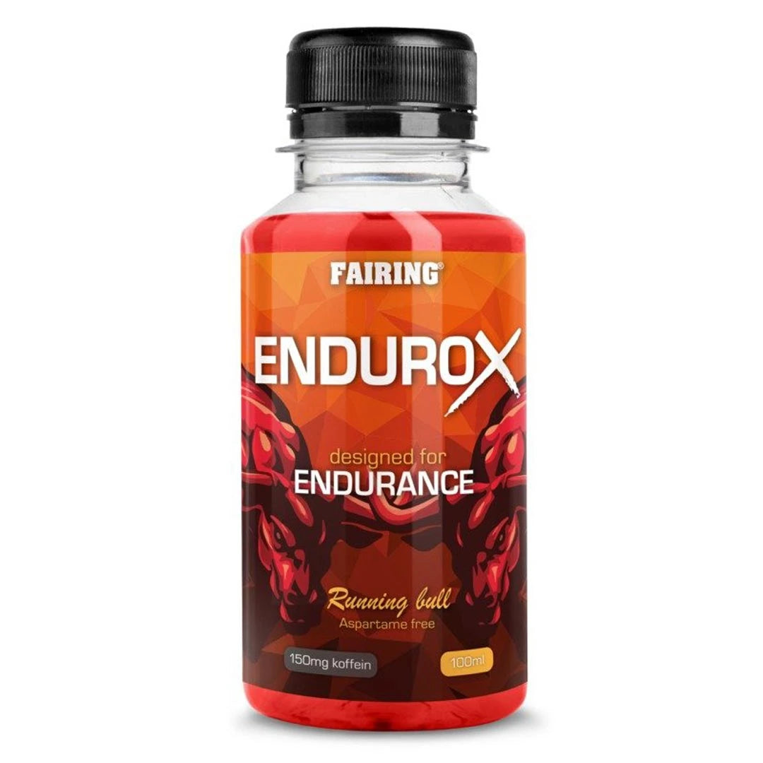 Fairing Endurox 60 ml juomavalmis PWO-shotti pienessä muovipullossa, jossa on punainen, oranssi ja musta etiketti., kuva 1/1