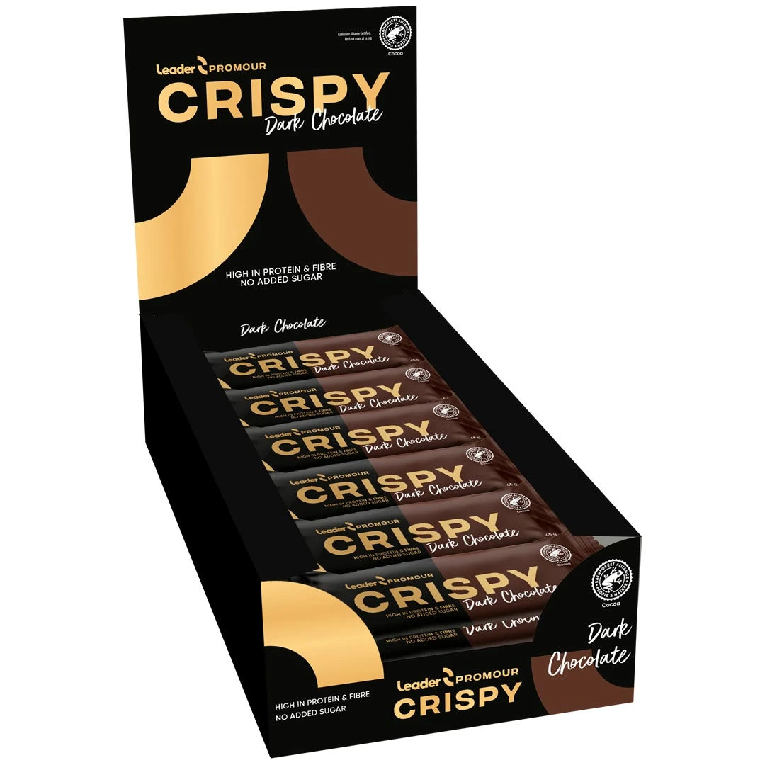 18 x Leader Promour Crispy MIX 45 g mustassa esittelylaatikossa kultaisilla yksityiskohdilla, makuna Dark Chocolate.