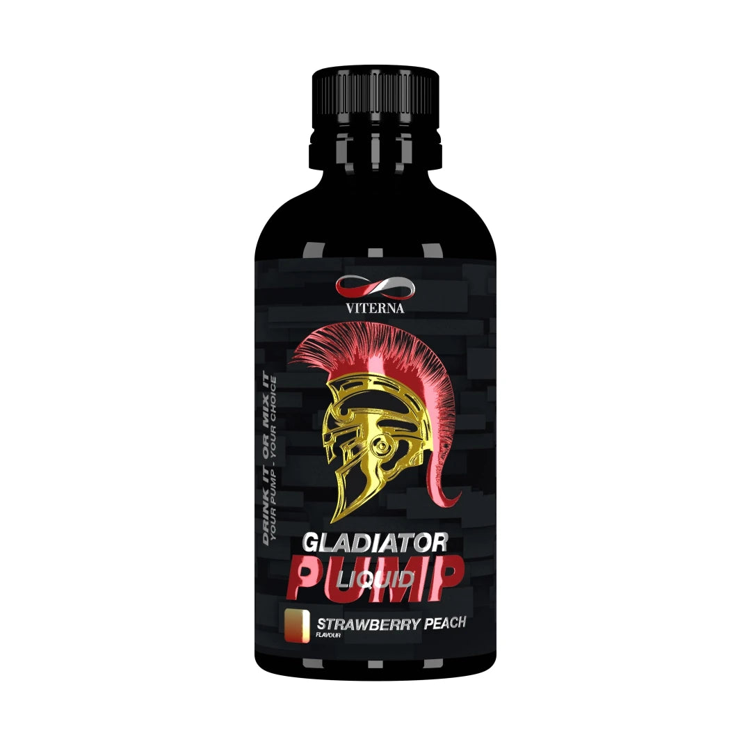 Viterna Gladiator Pump Liquid 500 ml mustassa pullossa punakultaisella gladiaattorikypärällä, makuna Strawberry Peach., kuva 1/2