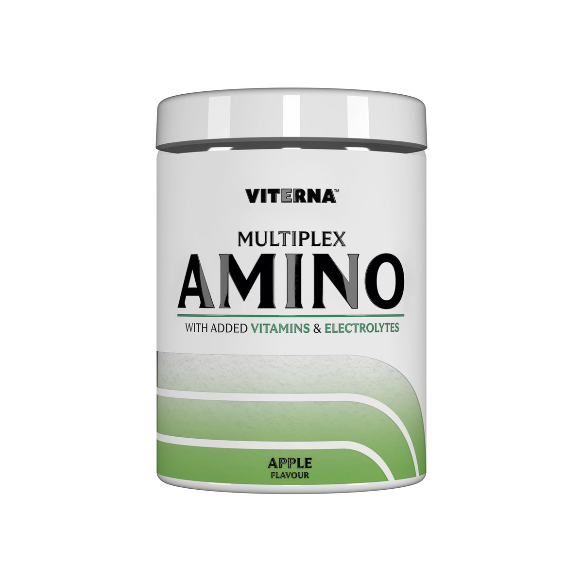 Viterna Multiplex Amino 400 g -aminohapot valkoisessa purkissa hopeakannella ja vihreillä yksityiskohdilla, makuna Apple., kuva 1/9