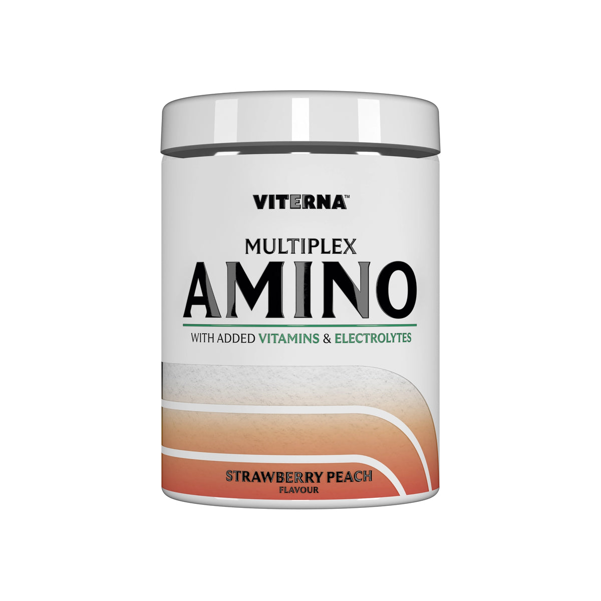 Viterna Multiplex Amino 400 g -aminohappoja valkoisessa purkissa vihreillä yksityiskohdilla, makuna Strawberry Peach., kuva 8/9