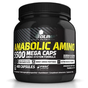 Olimp Anabolic Amino 5500 Mega Caps 400 caps aminosyror i en svart burk med gula och vita detaljer.