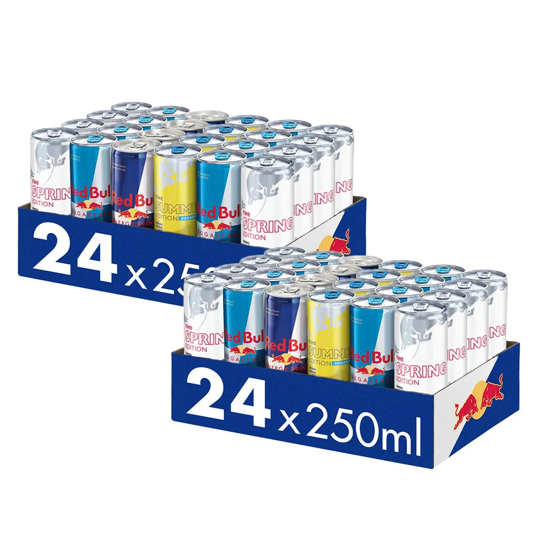 48 x Red Bull Energidryck 250 ml Mixflak pakattuna kahteen siniseen laatikkoon, joissa on värikkäitä tölkkejä., kuva 1/1
