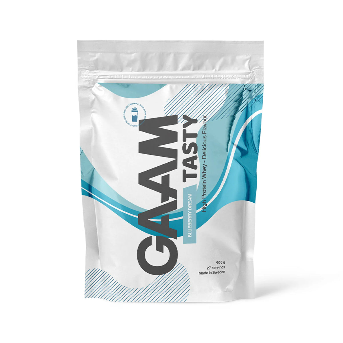 GAAM Tasty Whey 900 g -proteiinijauhe valkoisessa pussissa sinisillä yksityiskohdilla, makuna Blueberry Dream., kuva 3/3