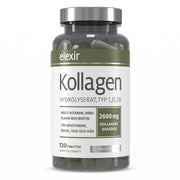Elexir Pharma Kollagen Hydrolyserat 120 tabs förpackad i en mörk genomskinlig burk med vit etikett och silverlock.