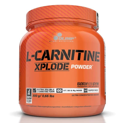 Olimp L-Carnitine Xplode 300 g -aminohappojauhe oranssissa purkissa, jossa on musta teksti., kuva 1/1