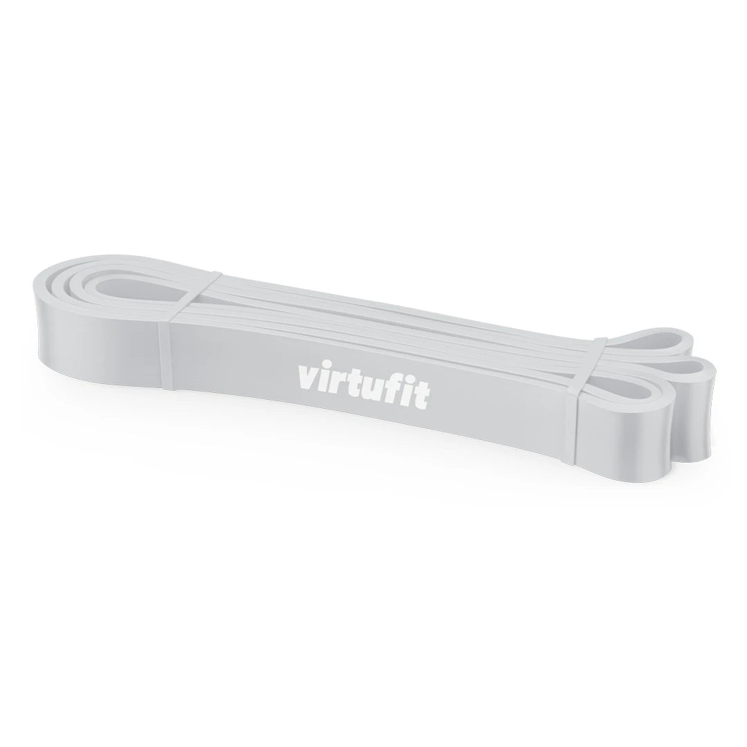 Vaaleanharmaa Virtufit Power Band Extra Light -vastuskuminauha valkoisella logolla lämmittelyyn ja voimaharjoitteluun., kuva 1/1