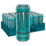 24 x Monster Energy 500 ml Ultra Fiesta (sockerfri) energidryck i ett turkost flak med turkosa burkar.