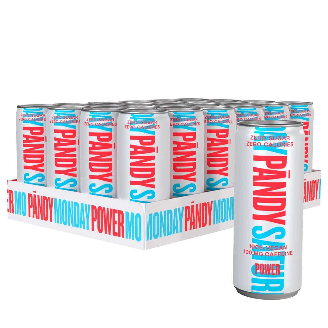 24 x Pändy Soda Energy Drink 330 ml Power -lava valkoisilla tölkeillä, joissa on punaista ja sinistä tekstiä Power-maulle., kuva 1/1
