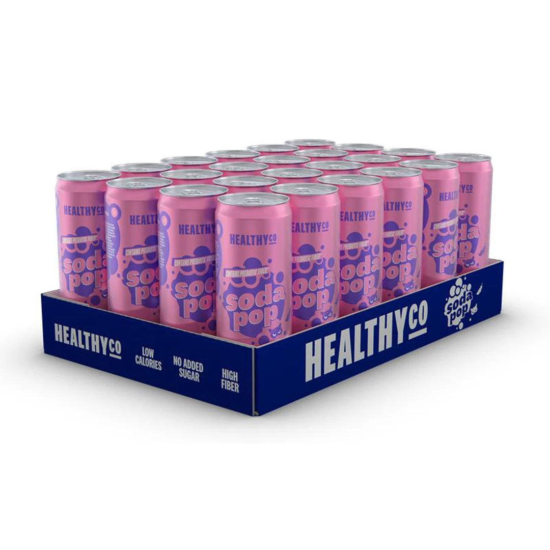 24 x HealthyCo Soda Pop 330 ml Mixflak vaaleanpunaisilla tölkeillä ja liloilla yksityiskohdilla tummansinisellä lavalla., kuva 1/1
