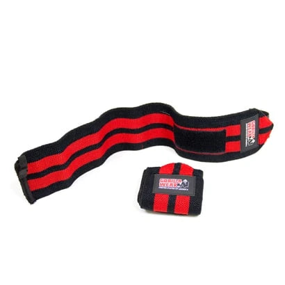 Gorilla Wear Wrist Wrap Pro Black/Red, elastiska svarta handledslindor med röda ränder, en utrullad och en hoprullad., bild 1 av 1