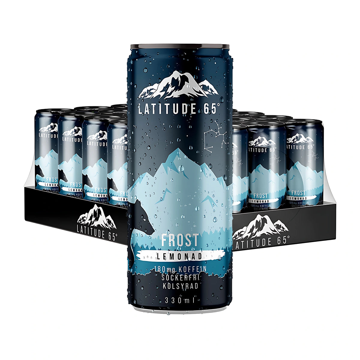 24 x Latitude 65 330 ml Frost - Lemonad kokonaisena lavana, etualalla tummansininen tölkki vesipisaroilla.