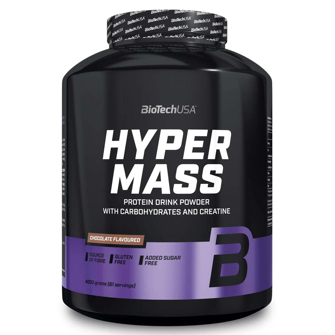 BioTechUSA Hyper Mass 4 kg -massanlisääjä mustassa purkissa liiloilla yksityiskohdilla, makuna Chocolate., kuva 1/1