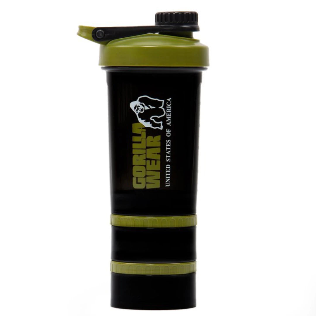 Musta ja armeijanvihreä Gorilla Wear Shaker 2 Go 760 ml -muovishaker ylimääräisillä säilytyslokeroilla., kuva 1/1