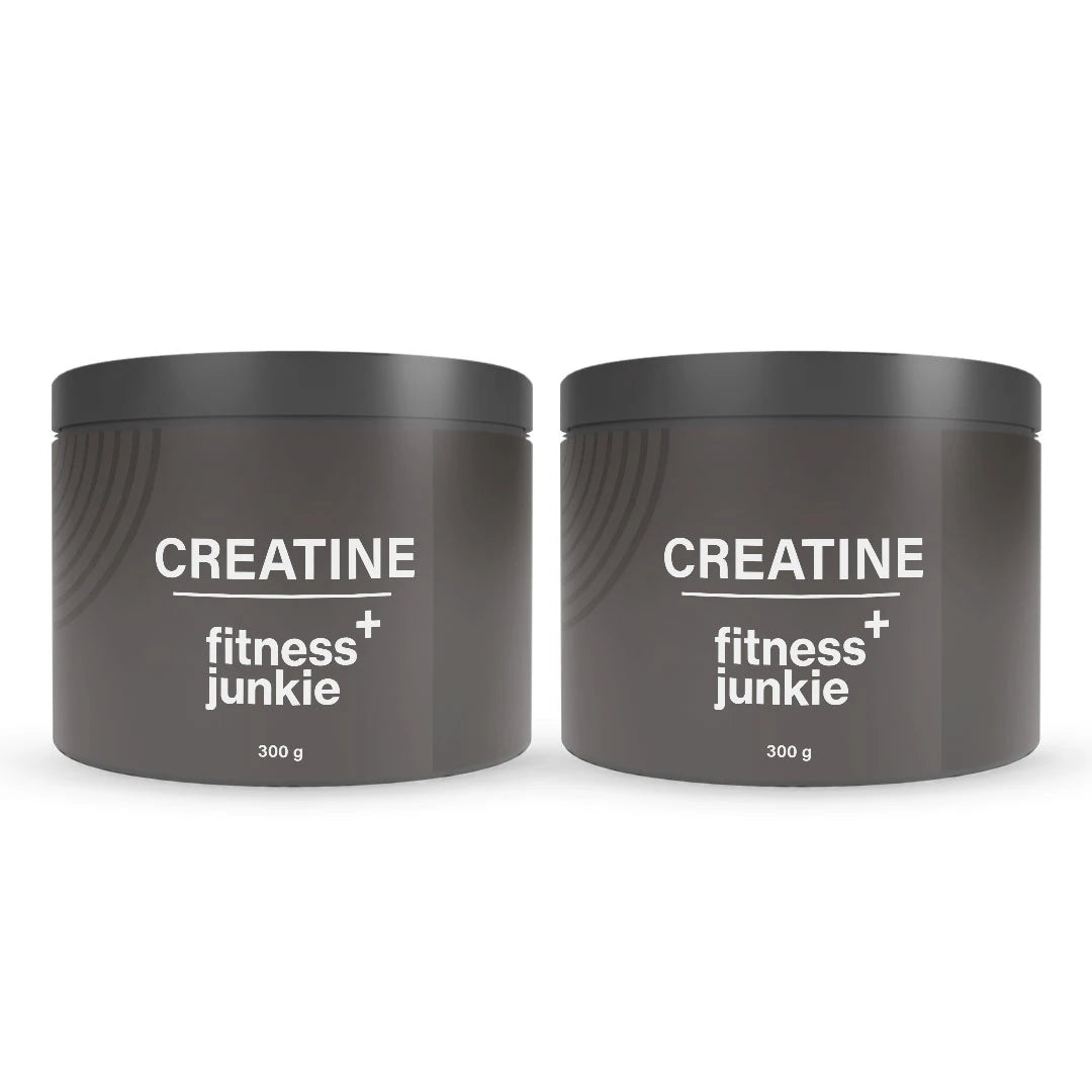 2 x fitnessjunkie Creatine 300 g kahdessa harmaassa purkissa valkoisella tekstillä voiman ja kestävyyden kasvuun., kuva 1/1