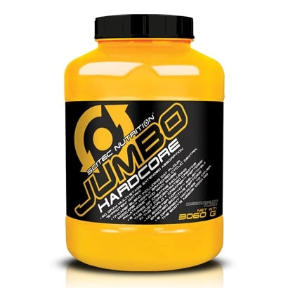 Scitec Nutrition Jumbo Hardcore 3060 g -gainer isossa keltaisessa muovipurkissa, jossa on musta kansi ja etiketti., kuva 2/2
