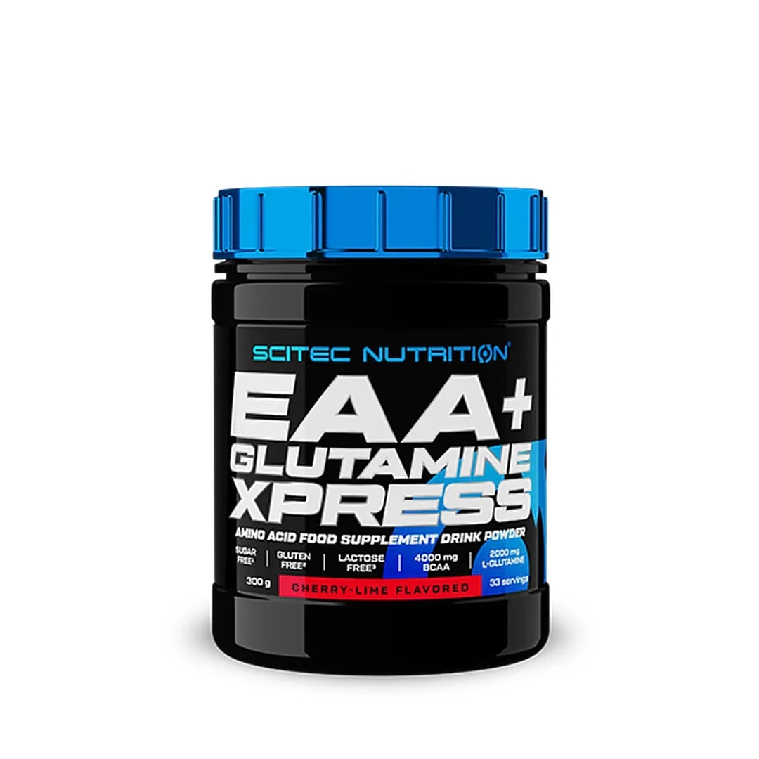 Scitec Nutrition EAA + Glutamine 300 g -aminohapot mustassa purkissa, jossa on sininen kansi, makuna Cherry Lime.