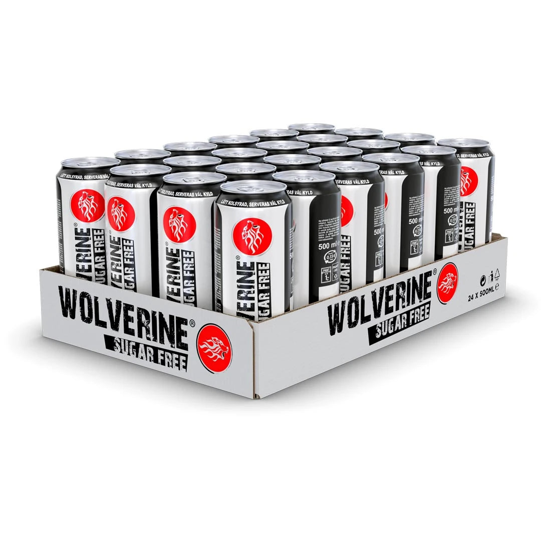 24 x Wolverine Energy Drink 500 ml Sugarfree valkoisessa laatikossa hopea-mustia energiajuomatölkkejä punaisilla logoilla., kuva 1/1