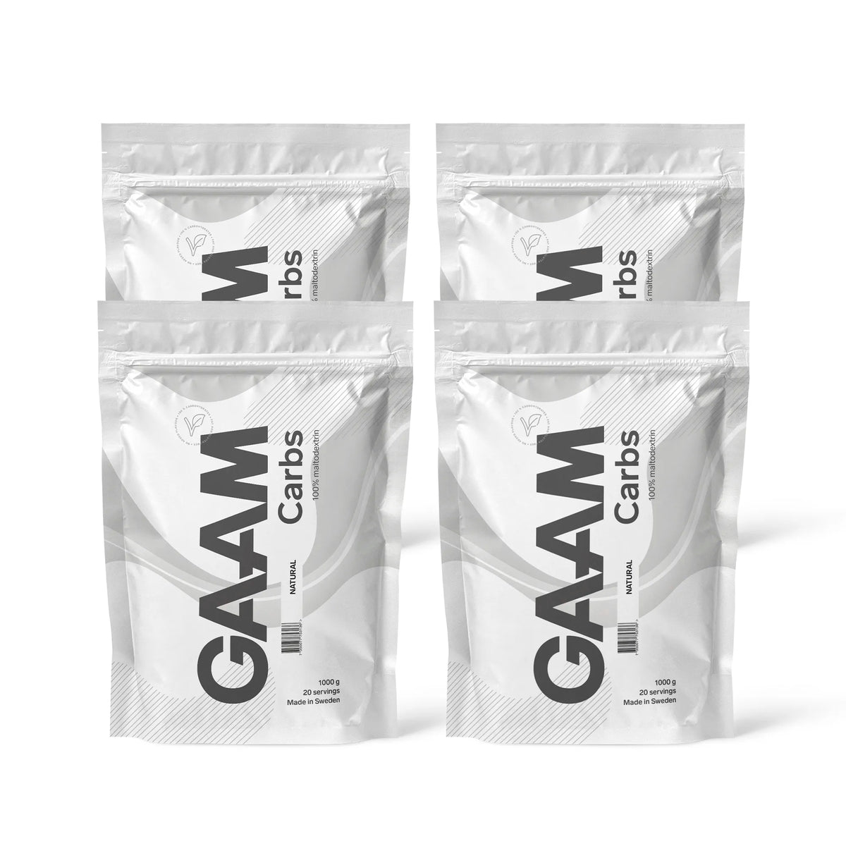 4 x GAAM Carbs - 100% Maltodextrin 1 kg valkoisissa pusseissa mustilla yksityiskohdilla, makuna maustamaton., kuva 1/1