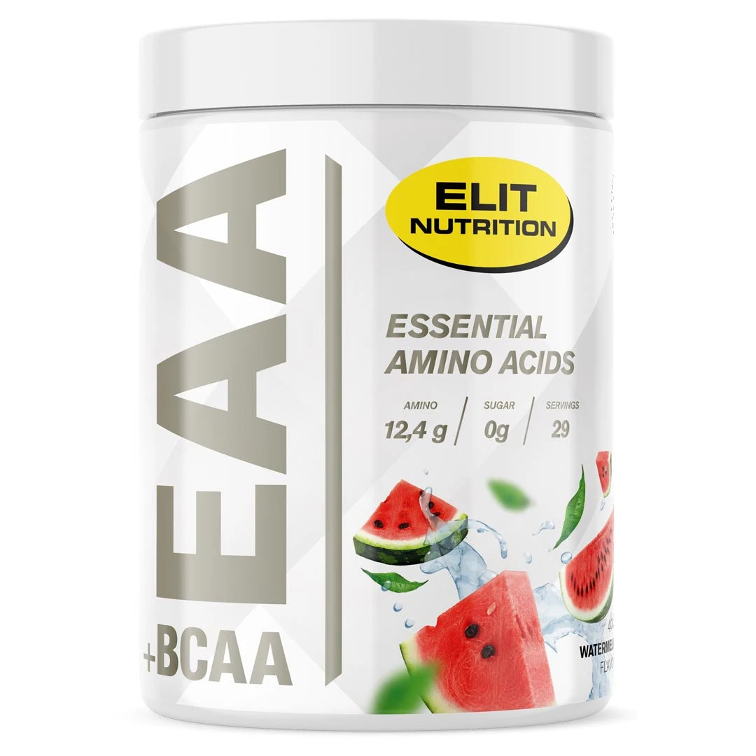Elit Nutrition EAA + BCAA 400 g -aminohappojauhe valkoisessa purkissa harmailla yksityiskohdilla ja vesimelonin kuvilla, makuna Watermelon., kuva 2/8