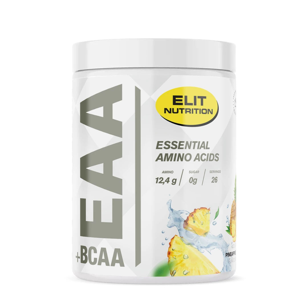 Elit Nutrition EAA + BCAA 400 g -aminohapot valkoisessa purkissa ananaksen kuvalla, makuna Pineapple., kuva 7/8
