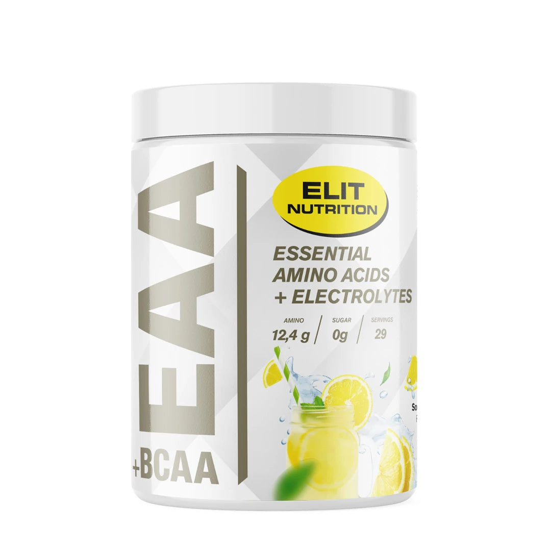 Elit Nutrition EAA + BCAA 400 g -aminohapot valkoisessa purkissa harmailla ja keltaisilla yksityiskohdilla, makuna Sour Lemon., kuva 8/8