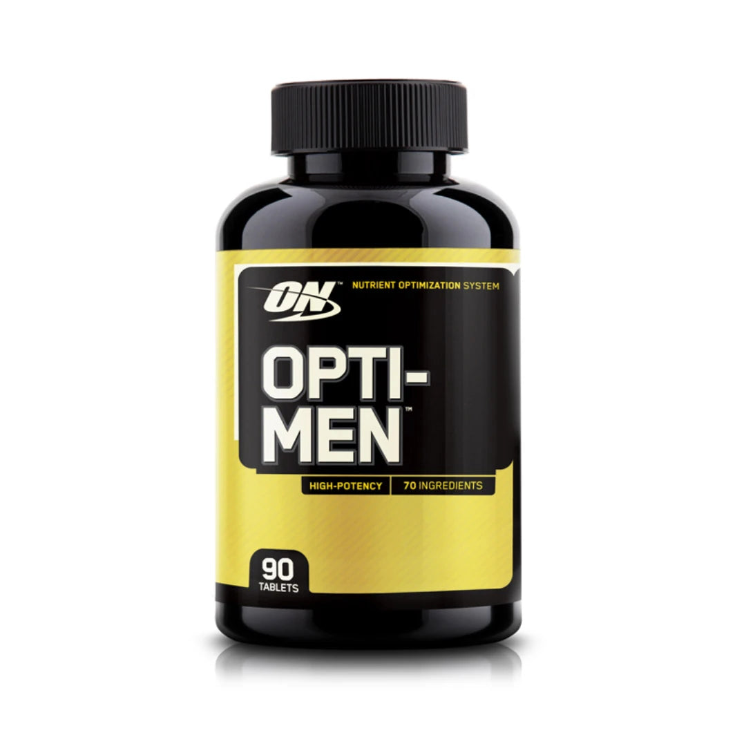 Optimum Nutrition Opti-Men 90 tabs i en svart burk med gul etikett och vit text., bild 1 av 1