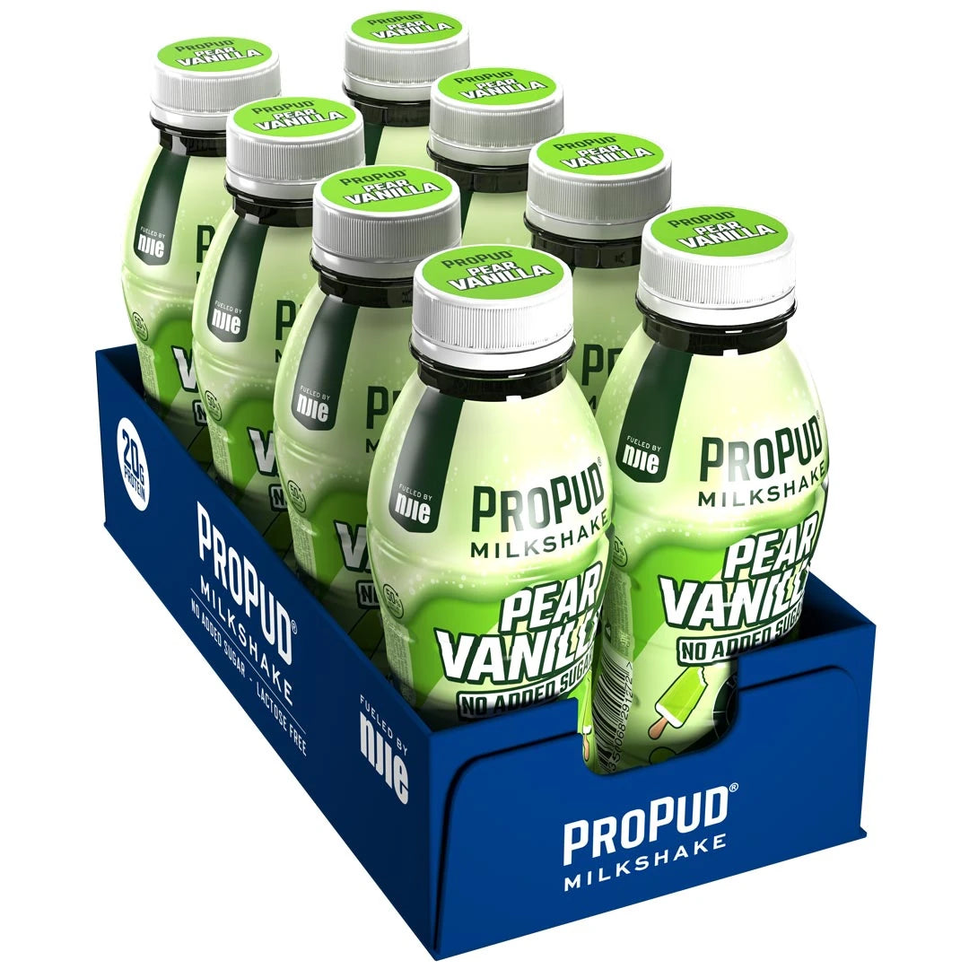 8 x NJIE ProPud Protein Milkshake 330 ml Pear Vanilla vaaleanvihreissä, valkokorkkisissa pulloissa sinisessä pakkauksessa., kuva 1/1
