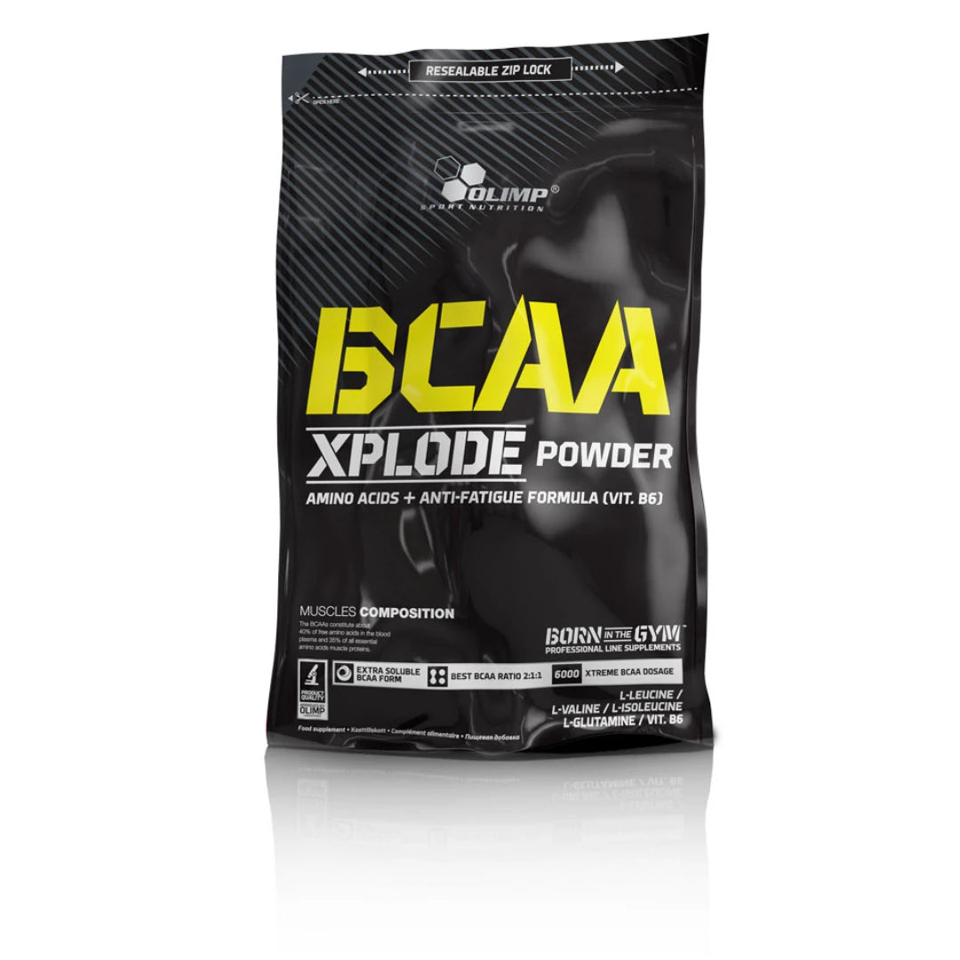 Musta pussi Olimp BCAA Xplode 1 kg -aminohappojauhetta keltaisilla ja valkoisilla tekstiyksityiskohdilla., kuva 3/3