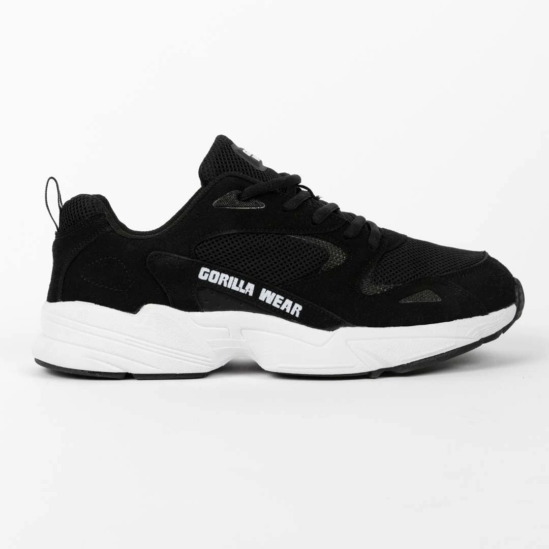 Gorilla Wear Newport Sneakers Black, mustat PU-nahkaiset urheilukengät meshillä ja paksulla valkopohjalla., kuva 9/11