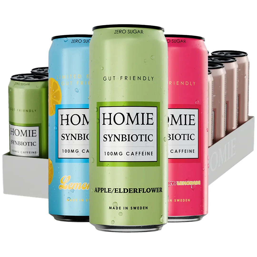 24 x Homie Wake Up Synbiotic 330 ml Mix-lava -juomia värikkäissä tölkeissä valkoisella alustalla.