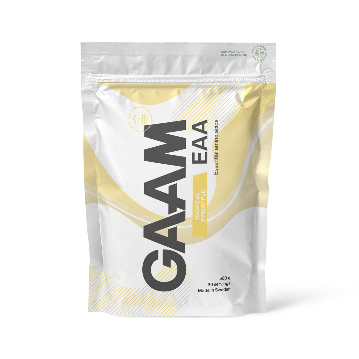 GAAM EAA 300 g -aminohappojauhe valkoisessa pussissa keltaisilla yksityiskohdilla, makuna Tropical Pineapple., kuva 2/7