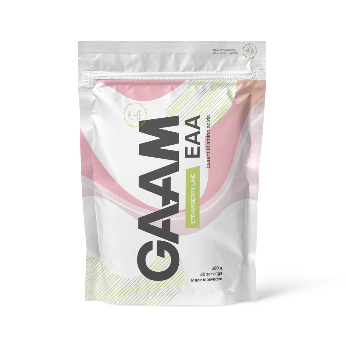 GAAM EAA 300 g -aminohapot valkoisessa pussissa pinkeillä ja vihreillä yksityiskohdilla, makuna Strawberry Lime., kuva 6/7