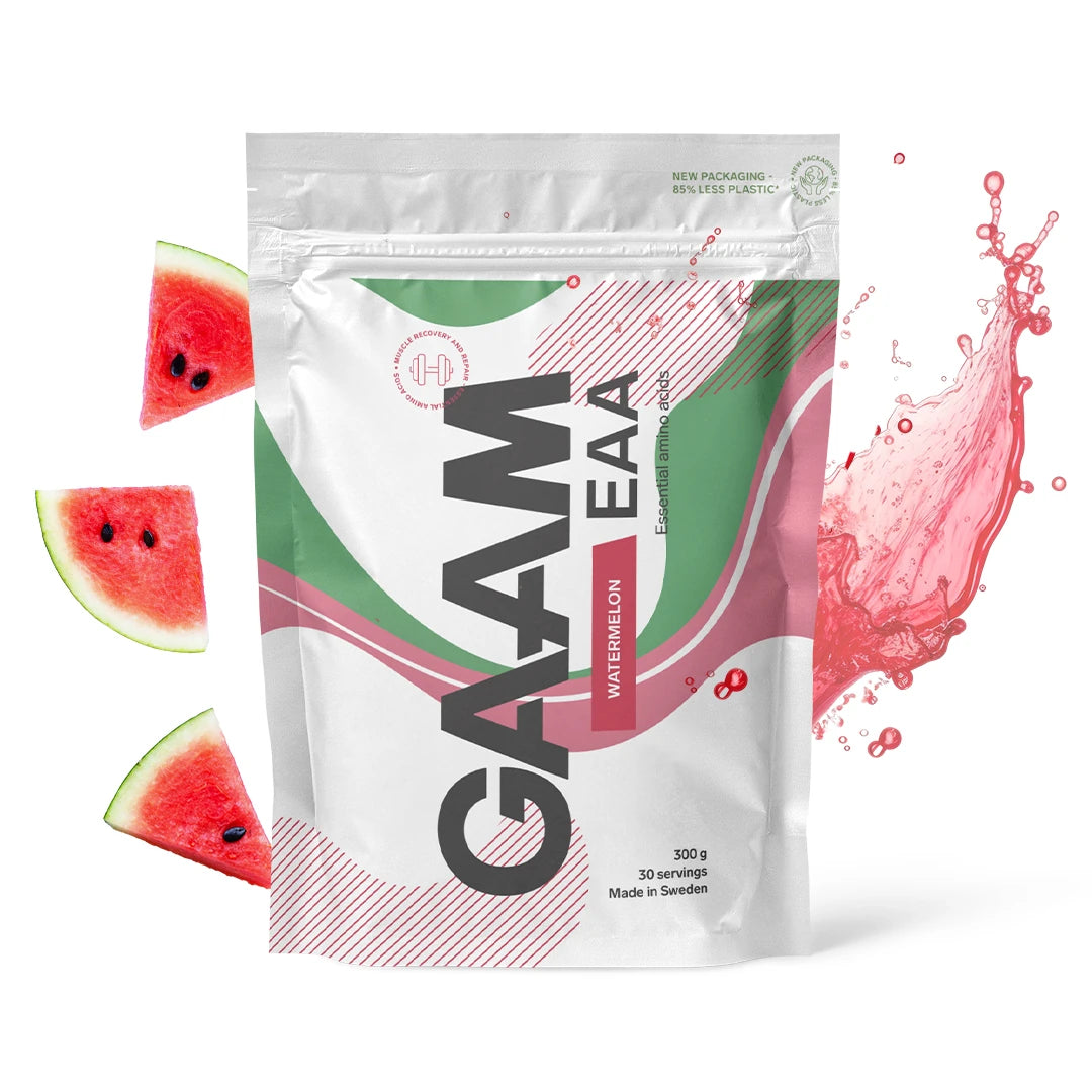 GAAM EAA 300 g -aminohapot valkoisessa pussissa pinkeillä yksityiskohdilla ja lentävillä vesimeloneilla, makuna Watermelon., kuva 7/7