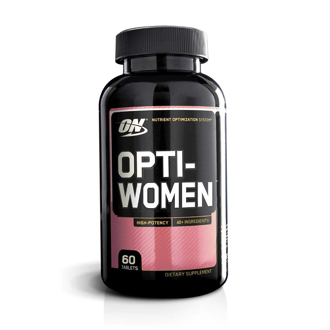 Optimum Nutrition Opti-Women 60 tabs -ravintolisä mustassa purkissa pinkeillä ja mustilla yksityiskohdilla., kuva 1/1