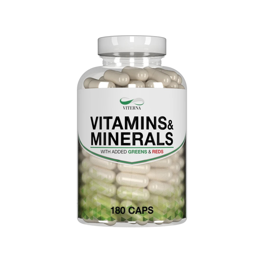 Viterna Vitamins &amp; Minerals 180 caps läpinäkyvässä purkissa valkoisella etiketillä, täynnä vaaleita kapseleita., kuva 1/1