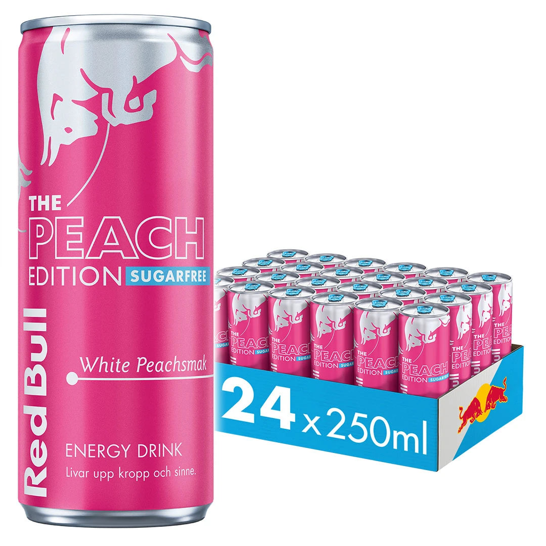 24 x Red Bull energiajuoma 250 ml Peach Edition Sugarfree - White Peach sinisessä laatikossa pinkeillä tölkeillä., kuva 1/1