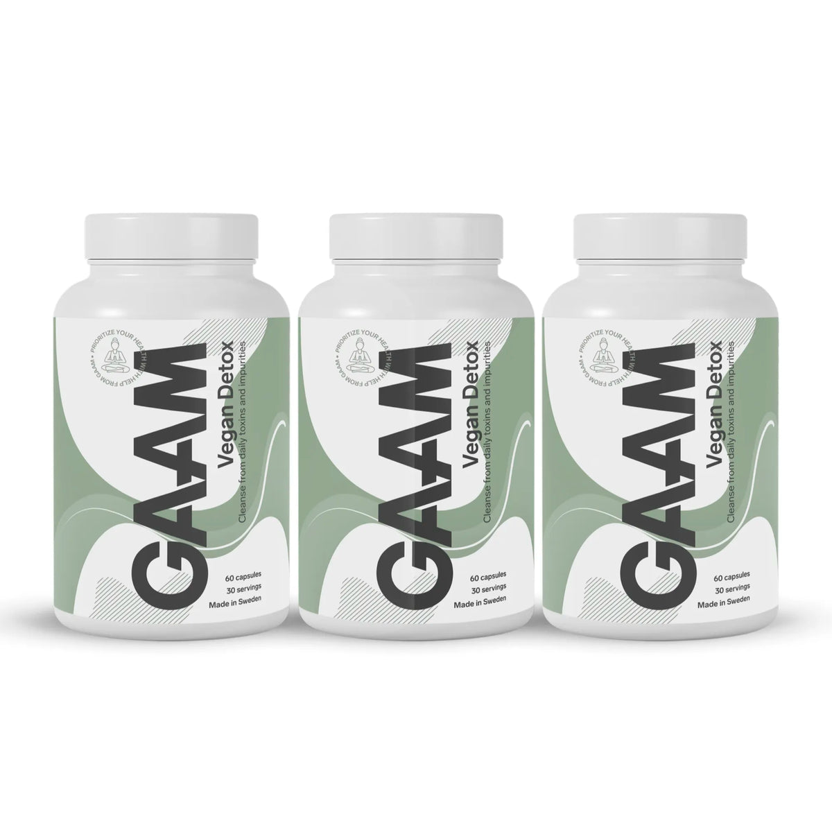 3 x GAAM Vegan Detox 60 caps kolmessa valkoisessa purkissa vihreillä ja mustilla yksityiskohdilla., kuva 1/1