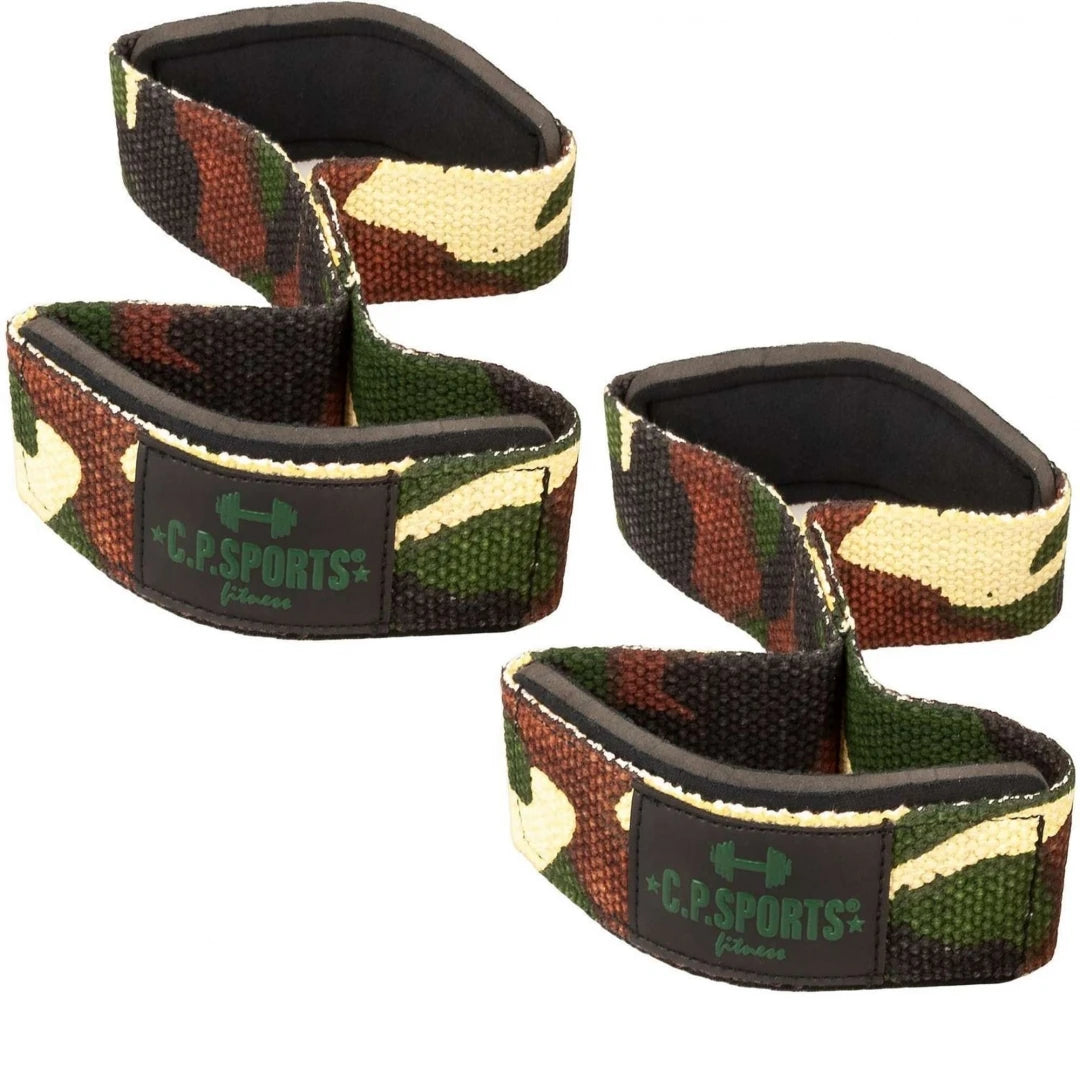 C.P. Sports Figure 8 Straps Lifting Loops Green Camo, ett par dragremmar i grön kamouflagefärgad bomull med logotyp för tunga lyft., bild 1 av 1