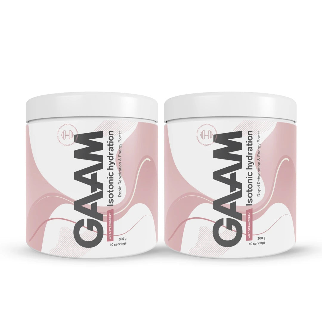 2 x GAAM Isotonic Hydration 300 g kahdessa valkoisessa purkissa pinkeillä yksityiskohdilla, makuna Wild Strawberry., kuva 1/1