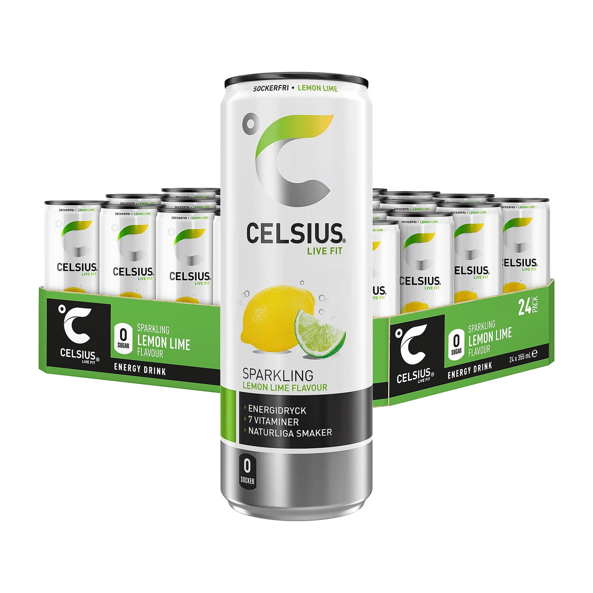 24 x Celsius 355 ml Lemon Lime -energiajuoma 24 tölkin pakkauksessa, jossa on valkoinen tölkki etualalla vihreän lavan edessä.