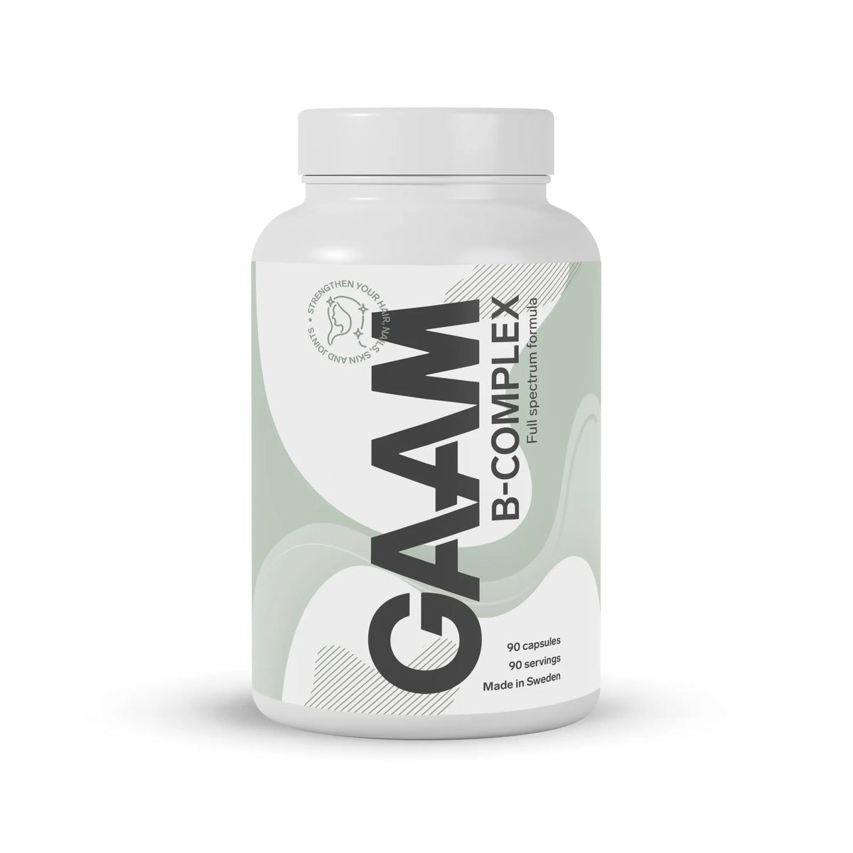 GAAM B-Complex 90 caps -vitamiinit valkoisessa purkissa harmaanvihreillä yksityiskohdilla., kuva 1/1