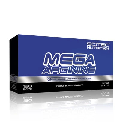 Scitec Nutrition Mega Arginine 120 caps -aminohappolisä sinimustassa pakkauksessa hopeisilla yksityiskohdilla., kuva 1/1