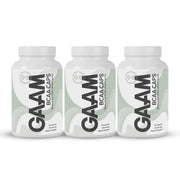 3 x GAAM BCAA 60 caps i tre vita burkar med gråa och gröna detaljer på etiketterna.
