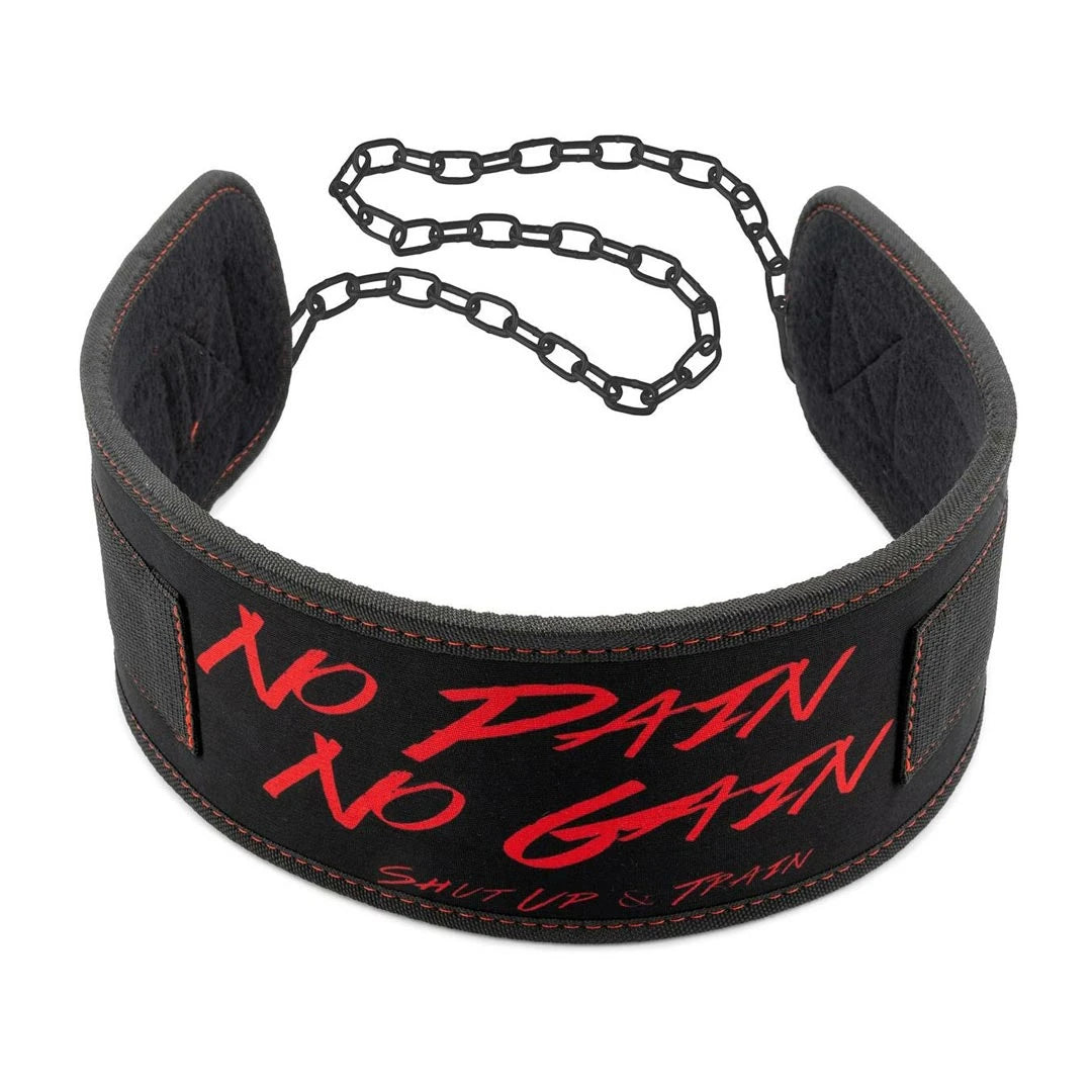 Musta C.P. Sports Dip Belt Black -lisäpainovyö teräsketjulla ja punaisella "NO PAIN NO GAIN" -tekstillä., kuva 1/1