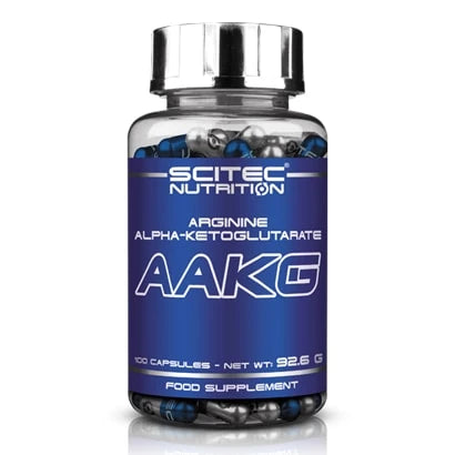 Scitec Nutrition AAKG 100 caps -aminohappolisä läpinäkyvässä purkissa sinisellä etiketillä ja hopeisella kannella., kuva 1/1