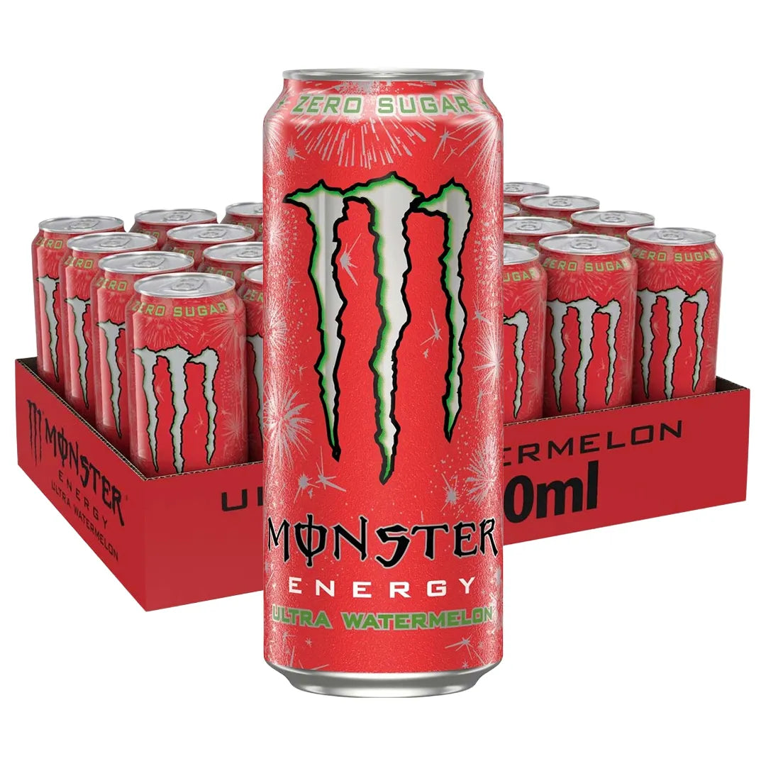 24 x Monster Energy 500 ml Ultra Watermelon (sokeriton) punaisessa laatikossa olevat punaiset tölkit., kuva 1/1